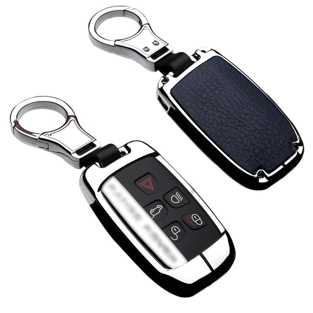 ontto 1 Stück Autoschlüssel Hülle Abdeckung Schlüssel Tasche für Defender Discovery Evoque LR4 Range Rover Sport Jaguar Metall Zink Legierung & Leder Schlüsselschutz Keyless Schlüsselbund -Silver Blue von ontto