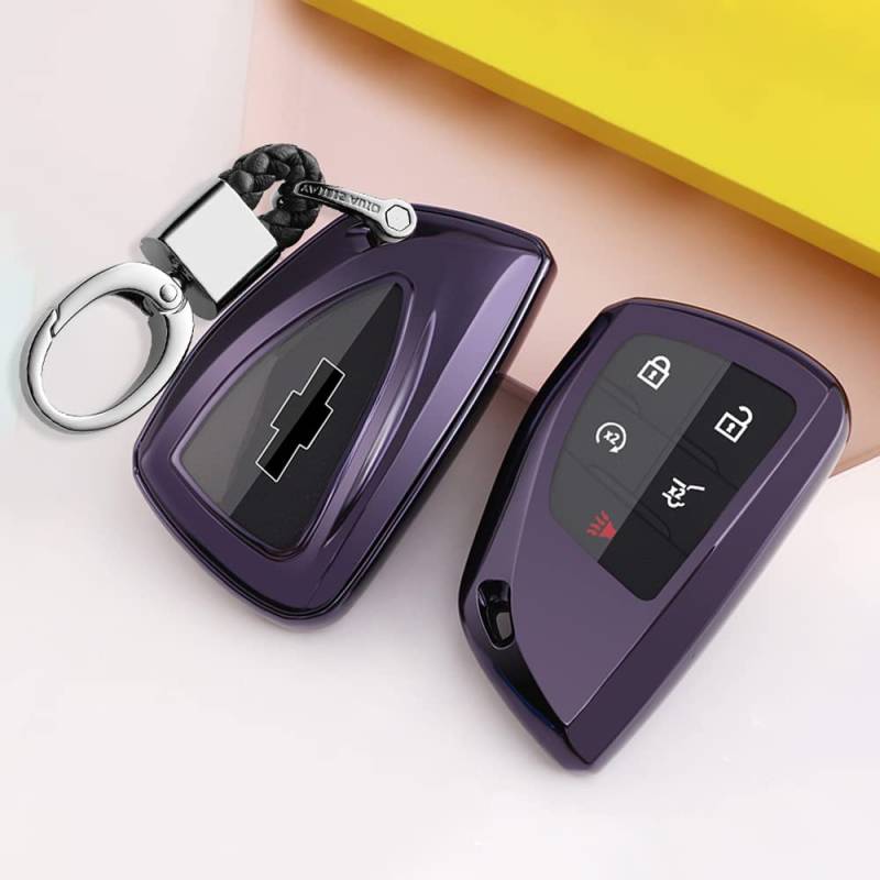 ontto Autoschlüssel Hülle Cover Passt für Chevrolet Suburban Tahoe 2022 2021 GMC Yukon Chevy Keyless Schlüsselbox TPU Silikon Schlüsseletui Organizer 4/5/6 Tasten Lila von ontto