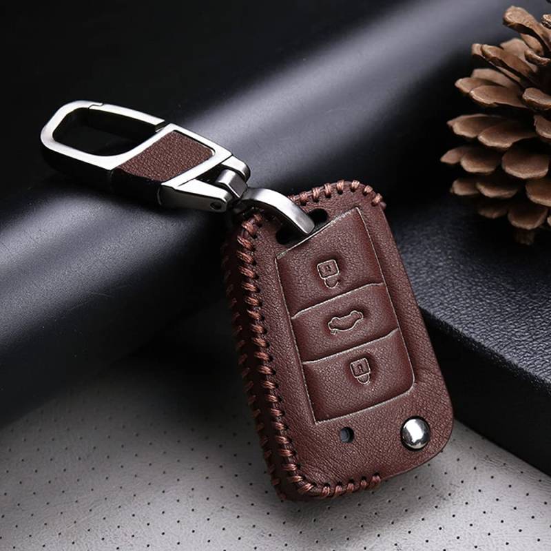 ontto Autoschlüssel Hülle Cover Passt für?VW Golf 7 MK7 Polo Seat Ibiza Leon FR 2 Altea Ateca Skoda Octavia Fabia Schlüsselhülle mit Schlüsselanhänger PU Leder Auto Schlüssel Schutz Etui- Braun B von ontto