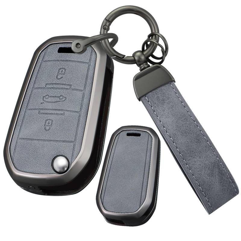 ontto Autoschlüssel Hülle Schlüsselanhänger Schlüsselhülle Metall Leder Schutzhülle Schlüsselgehäuse Passt für Citroen C3 C4 CACTUS C6 C8 für Peugeot 208 308 508 4008 5008 3 Tasten Zubehör-B Grau von ontto