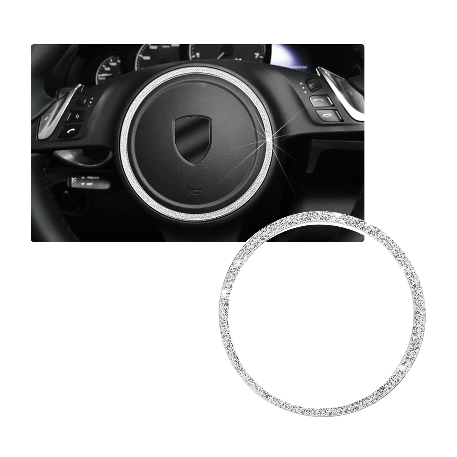 ontto Bling Auto Lenkrad Dekorativer Ring Innenzubehör Passt für Porsche Cayenne Paramera Diamant Aufkleber Lenkrad Logo Strass Lenkrad Abziehbilder Abdeckung für Autozubehör Tippe A Silber von ontto