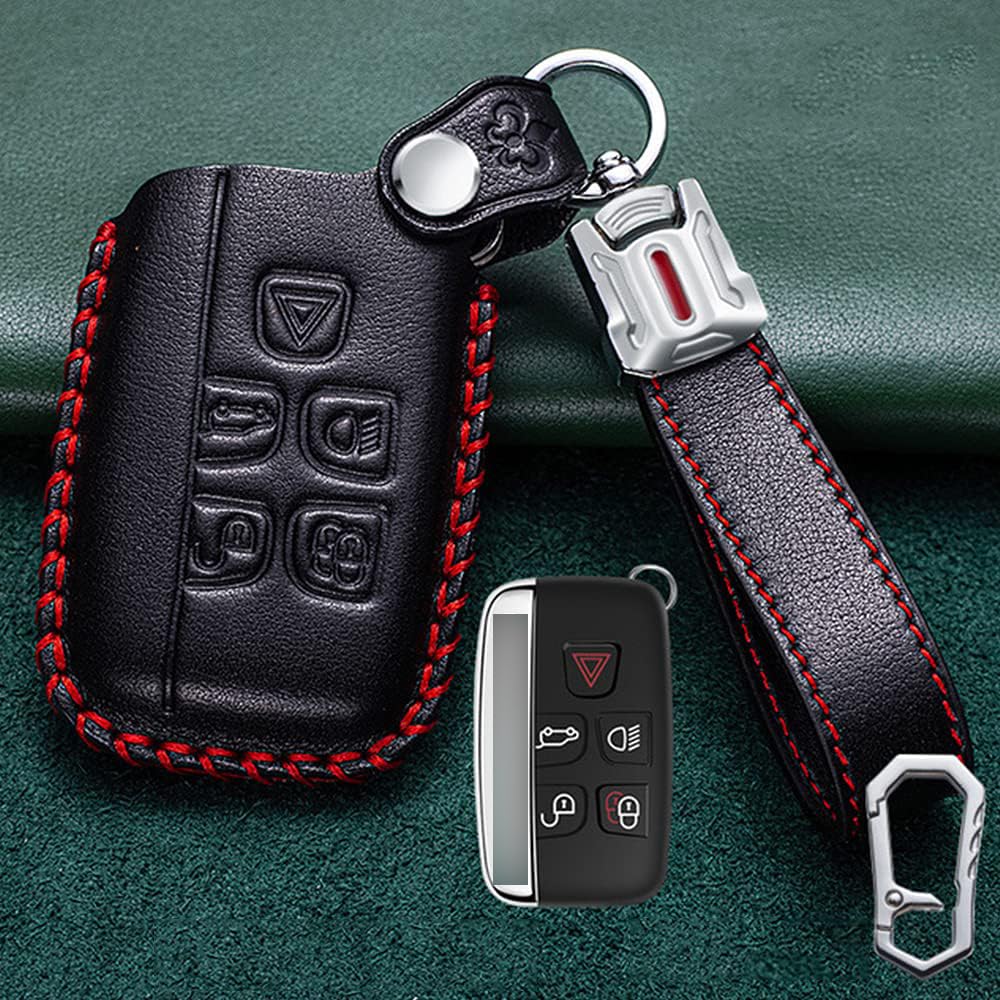 ontto Leder Autoschlüssel Hülle Passt für Land Rover Discovery Defender LR2 LR4 Range Rover Velar Evoque Sport Jaguar XE XF Schlüsselcover Schlüsselhülle Schlüsselanhänger Schutzhülle -Schwarz A von ontto