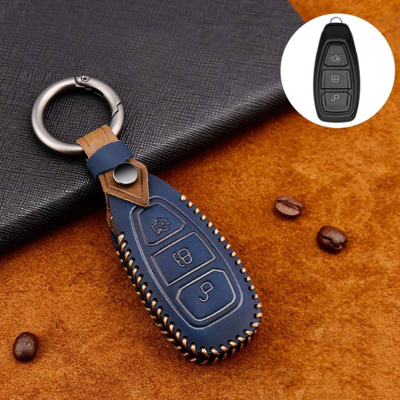 ontto Rindsleder Autoschlüssel Hülle Cover für Ford Mondeo Focus 3 MK3 ST Fiesta Ranger Kuga Escape Ecosport S-Max Titanium Schlüsselhülle Schlüsselanhänger Schlüssel Schutz Etui Fernbedienung-Blau von ontto