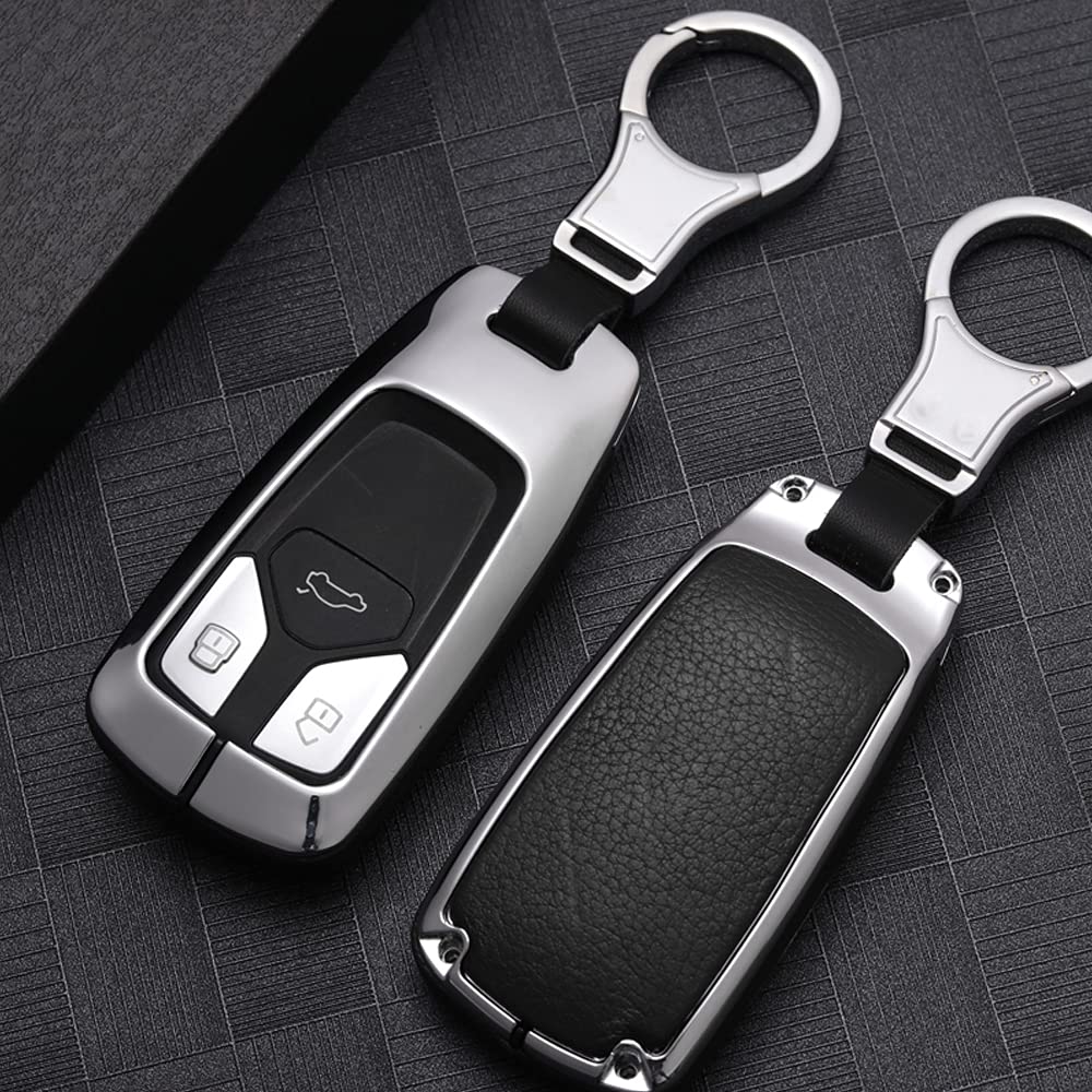 ontto 1 Stück Autoschlüssel Hülle Abdeckung Schlüssel Tasche für Audi A4L A5 A6L A7 Q5 Q7 RS S5 TT Metall Zink Legierung & Leder Schlüsselschutz Keyless mit Schlüsselanhänger 3 Tasten -Siber Schwarz A von ontto