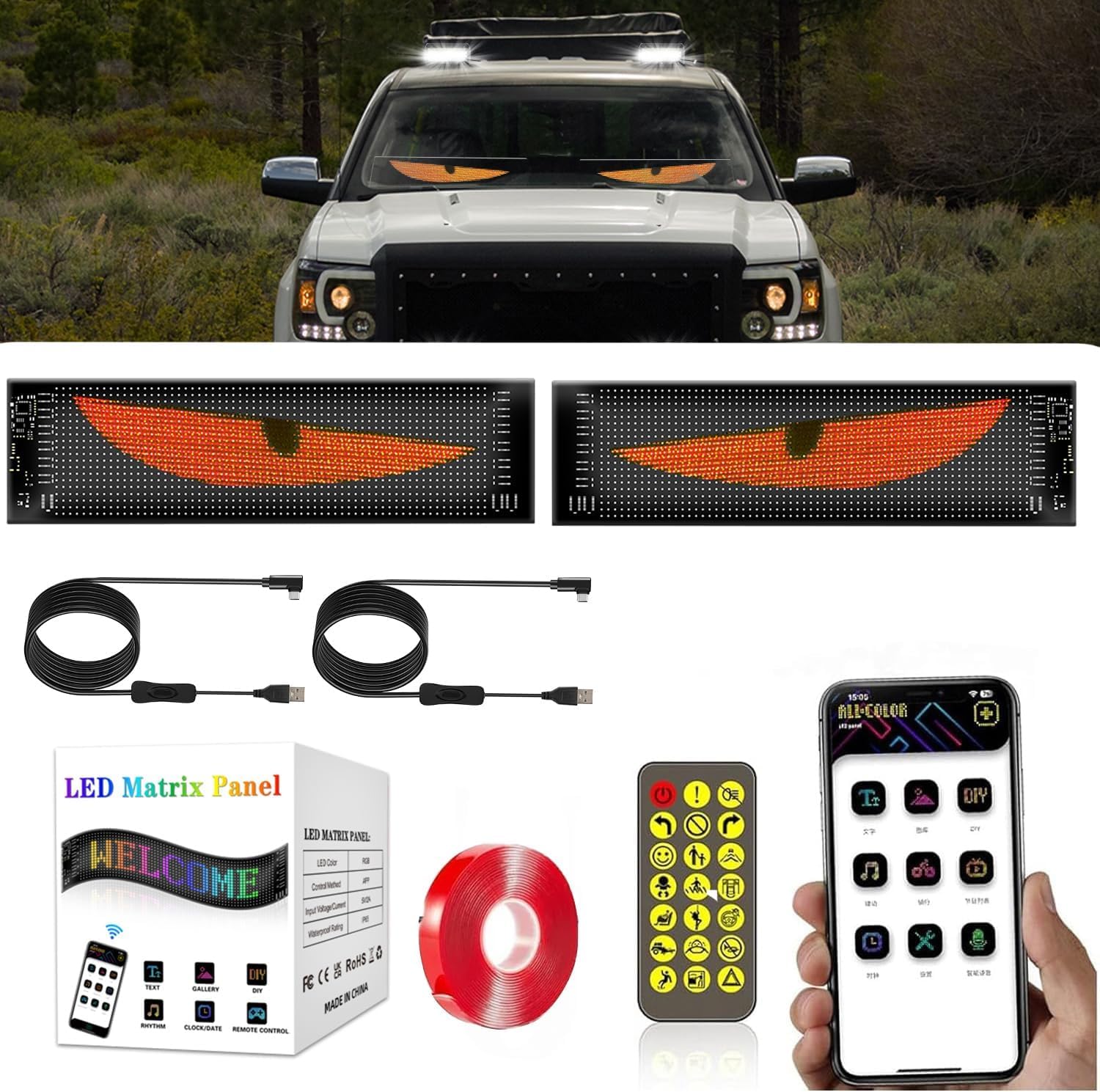 2 Stück Devil Eyes-Lichter für Autos, flexibles LED-Anzeigefeld für Autofenster, dynamische Big Eye-Lichter für die Windschutzscheibe mit App-Steuerung und Fernbedienung (13 x 4 Zoll) von openRGB