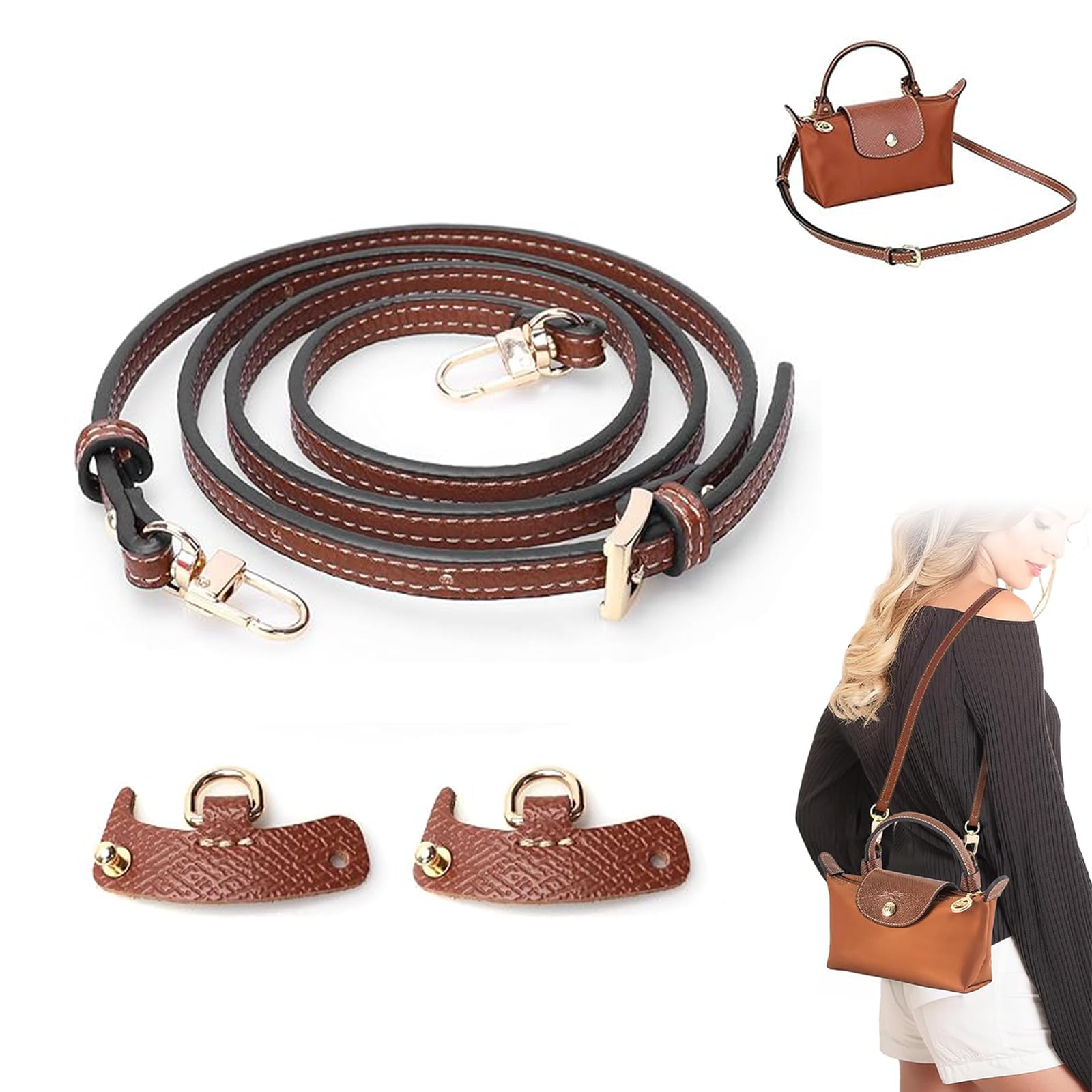 Schulterriemen für Taschen,PU Leather Bag Strap,Mini Bags Leather Shoulder Strap,Mini Pouch Strap,Leather Mini Bag Shoulder Strap für Handtasche, Umhängetasche,mit 2 Stück Schultergurtadapter von peiyee