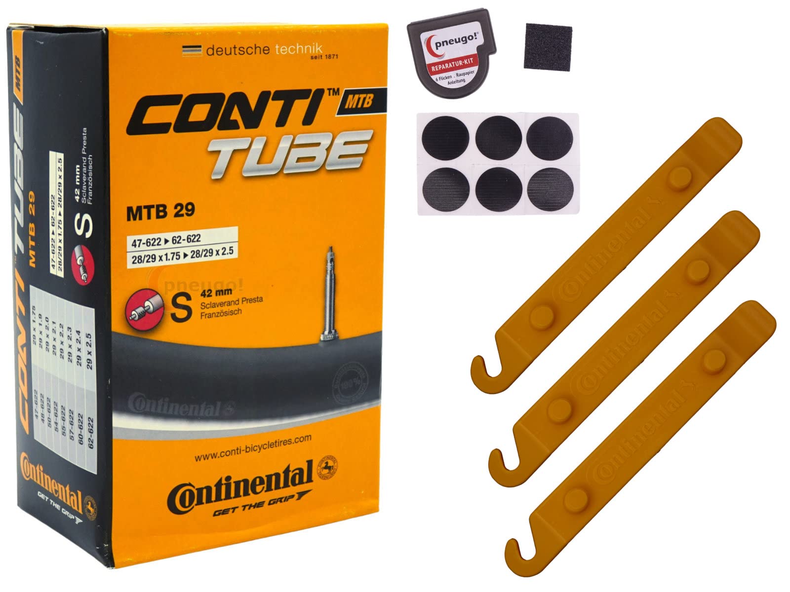 1x Fahrrad-Schlauch Continental MTB 28+29 Zoll 47-622/62-622 Sclaverand-Ventil 42mm +3x Conti Reifenheber +pneugo! Reparatur-Kit von pneugo!