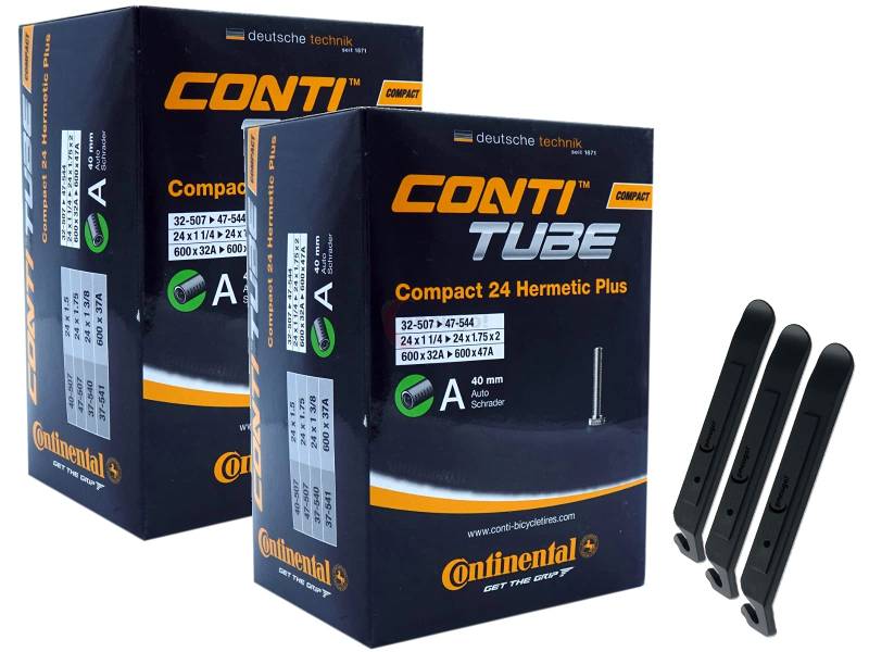 pneugo! Set 2 x Continental Fahrradschlauch 24 Zoll Autoventil 37-540/47-507 (Compact Hermetic Plus) + 3 Reifenheber von pneugo!