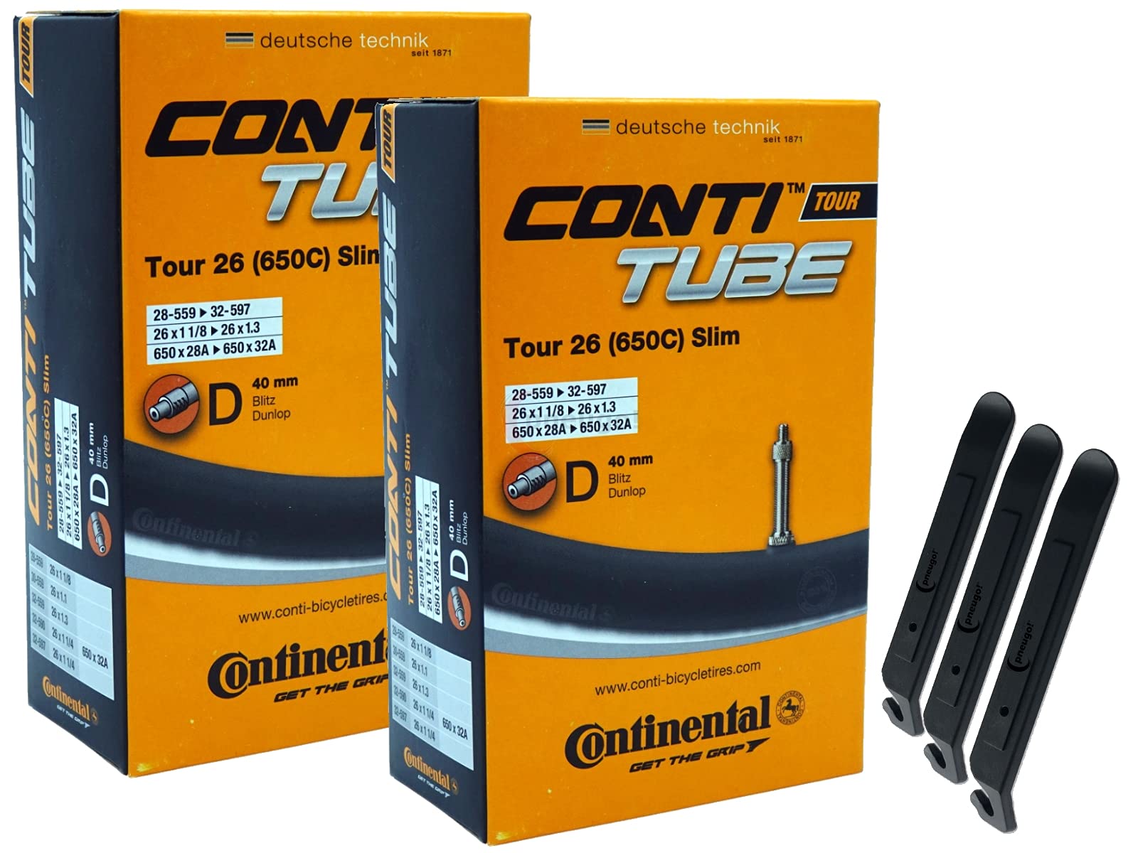 pneugo! Set 2 x Continental Fahrradschlauch 26 Zoll Blitzventil 28-559/32-597 (Tour Slim) + 3 Reifenheber von pneugo!