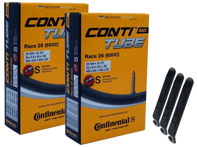 pneugo! Set 2 x Continental Fahrradschlauch 26 Zoll Sclaverand 20-559/25-571 (Race) + 3 Reifenheber von pneugo!