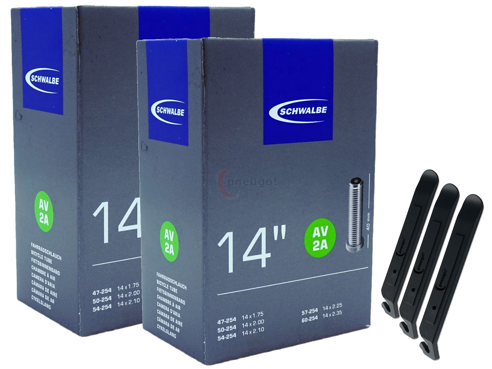 pneugo! Set 2 x Schwalbe Fahrradschlauch 14 Zoll Autoventil 47-254/60-254 AV2A + 3 Reifenheber von pneugo!