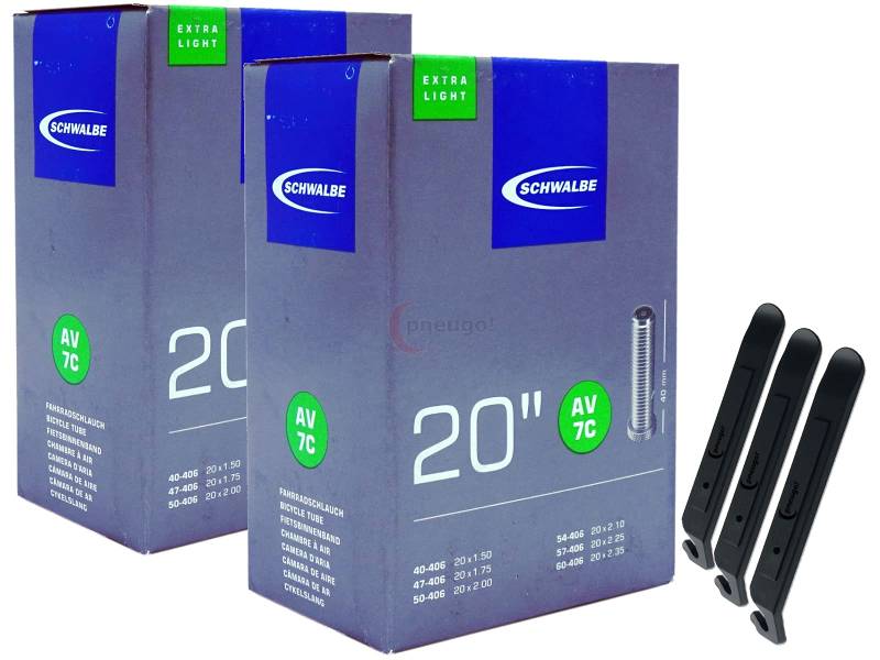 pneugo! Set 2 x Schwalbe Fahrradschlauch 20 Zoll Autoventil 40-406/60-406 AV7C(Extra Light) + 3 Reifenheber von pneugo!