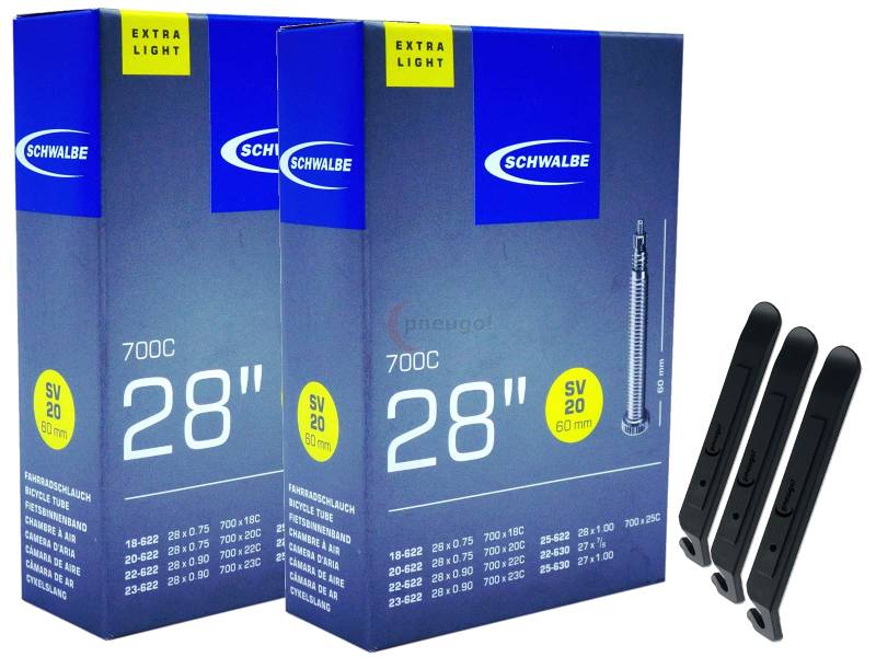 pneugo! Set 2 x Schwalbe Fahrradschlauch 28 Zoll Sclaverand 18-622/25-630 SV20 (Extra Light) + 3 Reifenheber von pneugo!