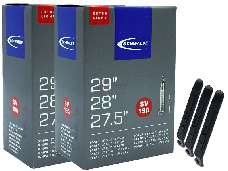 pneugo! Set 2 x Schwalbe Fahrradschlauch 28 Zoll Sclaverand 40-622/62-622 SV19A (Extra Light) + 3 Reifenheber von pneugo!