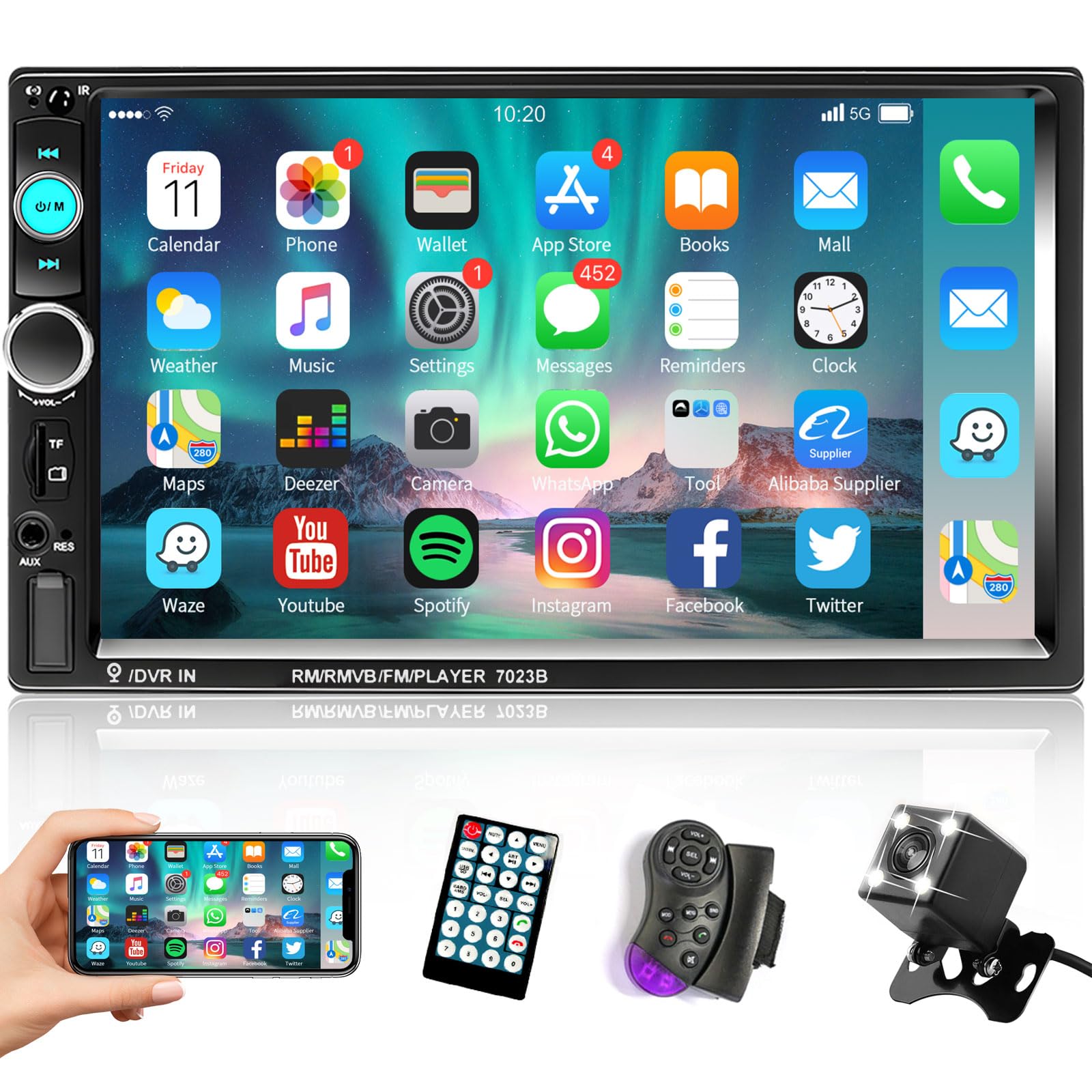 Podofo 2 DIN Autoradio Bluetooth Freisprechanruf 7 Zoll Touchscreen Spiegellink Doppel DIN Auto Radio USB/SD/TF/AUX FM mit Rückfahrkamera Lenkradsteuerung Fernbedienung von podofo