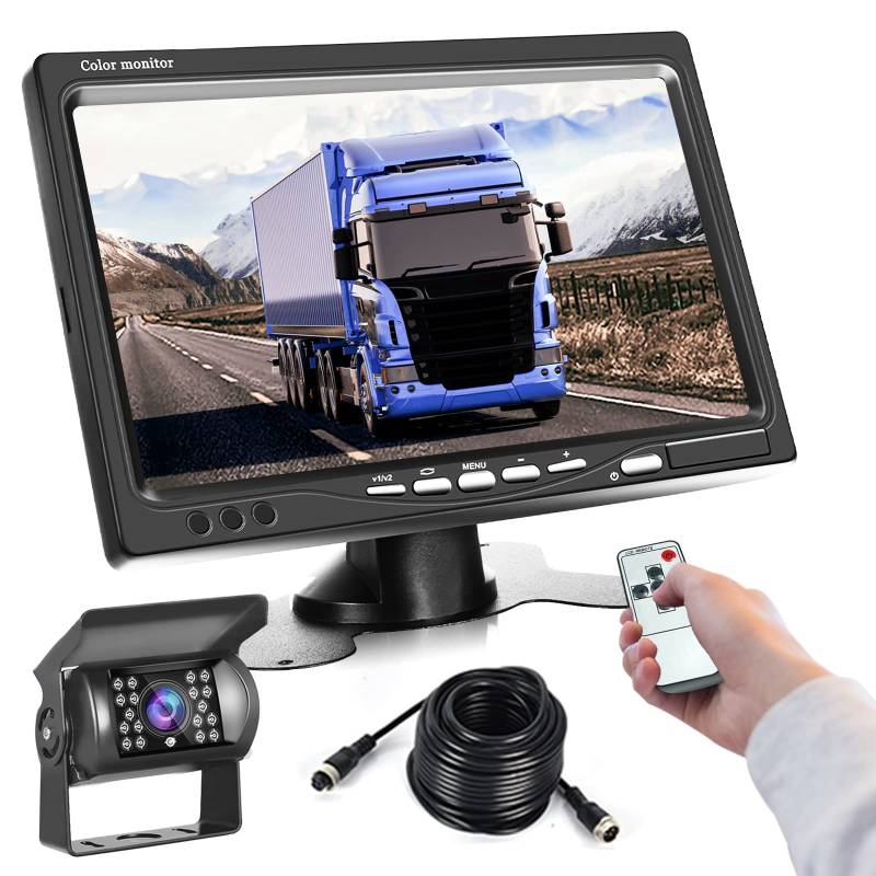 Podofo Rückfahrkamera Set mit 7" LCD Monitor, 4-poliges Luftfahrtkabel, Wasserdicht IP68, 18 IR-LED Nachtsicht-Rückfahrkamera,17,8 cm Bildschirm Rückfahrkamera für Wohnmobil/Bus/Anhänger/LKW von podofo