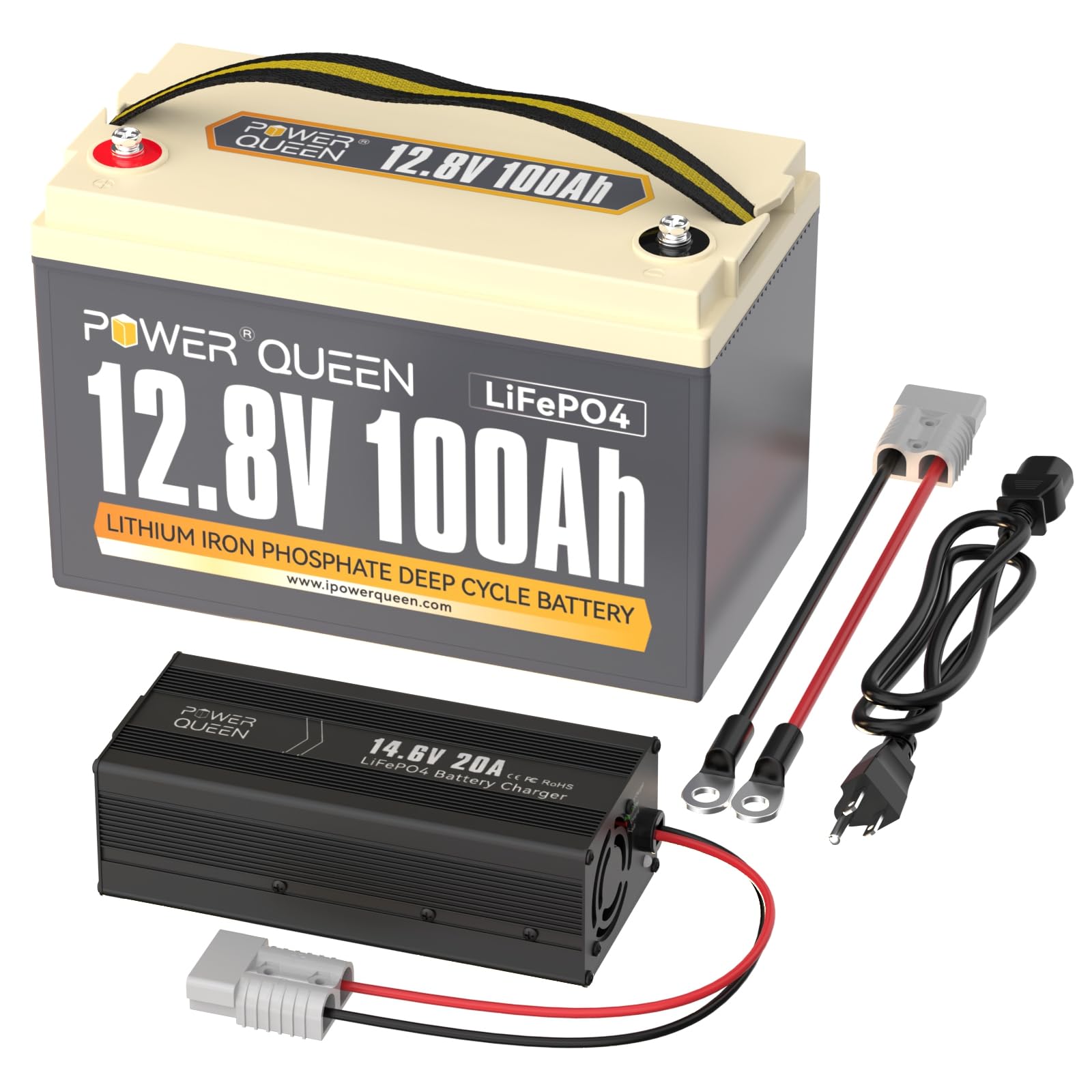 Power Queen 12,8V 100Ah LiFePO4 Akku Lithiumbatterie mit 14.6V 20A LiFePO4 Batterie Ladegerät Konstant Geladen Ideales Paket für Camping Reisemobil Wohnmobil Autarkes System Off-Grid-System von power queen