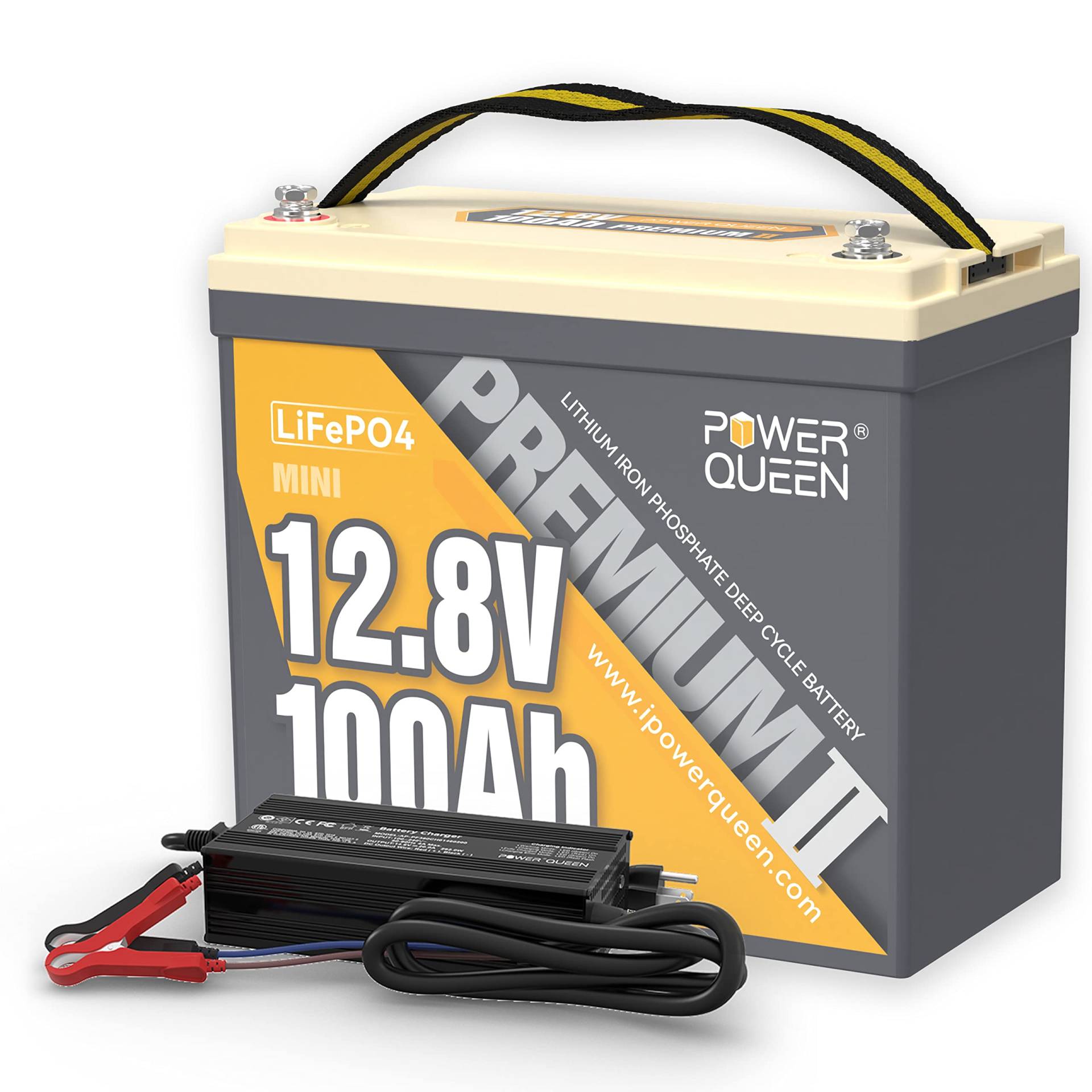 Power Queen 12,8V 100Ah LiFePO4 Akku mit 20A Ladegeräte, LiFePO4 100Ah 1280Wh Akku mit 100 A BMS, 4000+ Ladezyklen für Solaranlage,Wohnmobil,Boot,Haushalt, Solarpanel,Camping von power queen