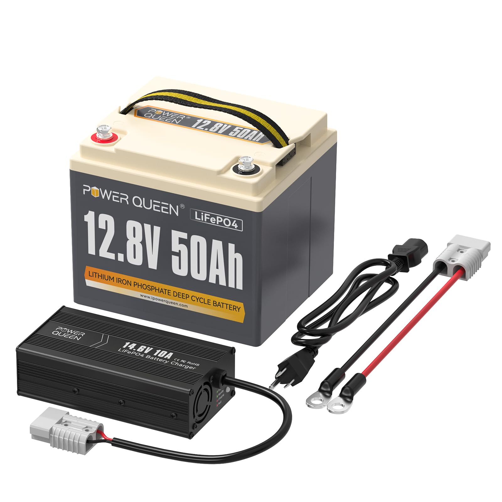 Power Queen 12,8V 50Ah LiFePO4 Akku Lithiumbatterie mit 14.6V 10A LiFePO4 Batterie Ladegerät Konstant Geladen Ideales Paket für Camping Reisemobil Wohnmobil Autarkes System Off-Grid-System von power queen