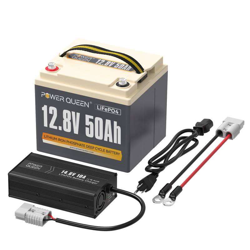 Power Queen 12,8V 50Ah LiFePO4 Akku Lithiumbatterie mit 14.6V 10A LiFePO4 Batterie Ladegerät Konstant Geladen Ideales Paket für Camping Reisemobil Wohnmobil Autarkes System Off-Grid-System von power queen