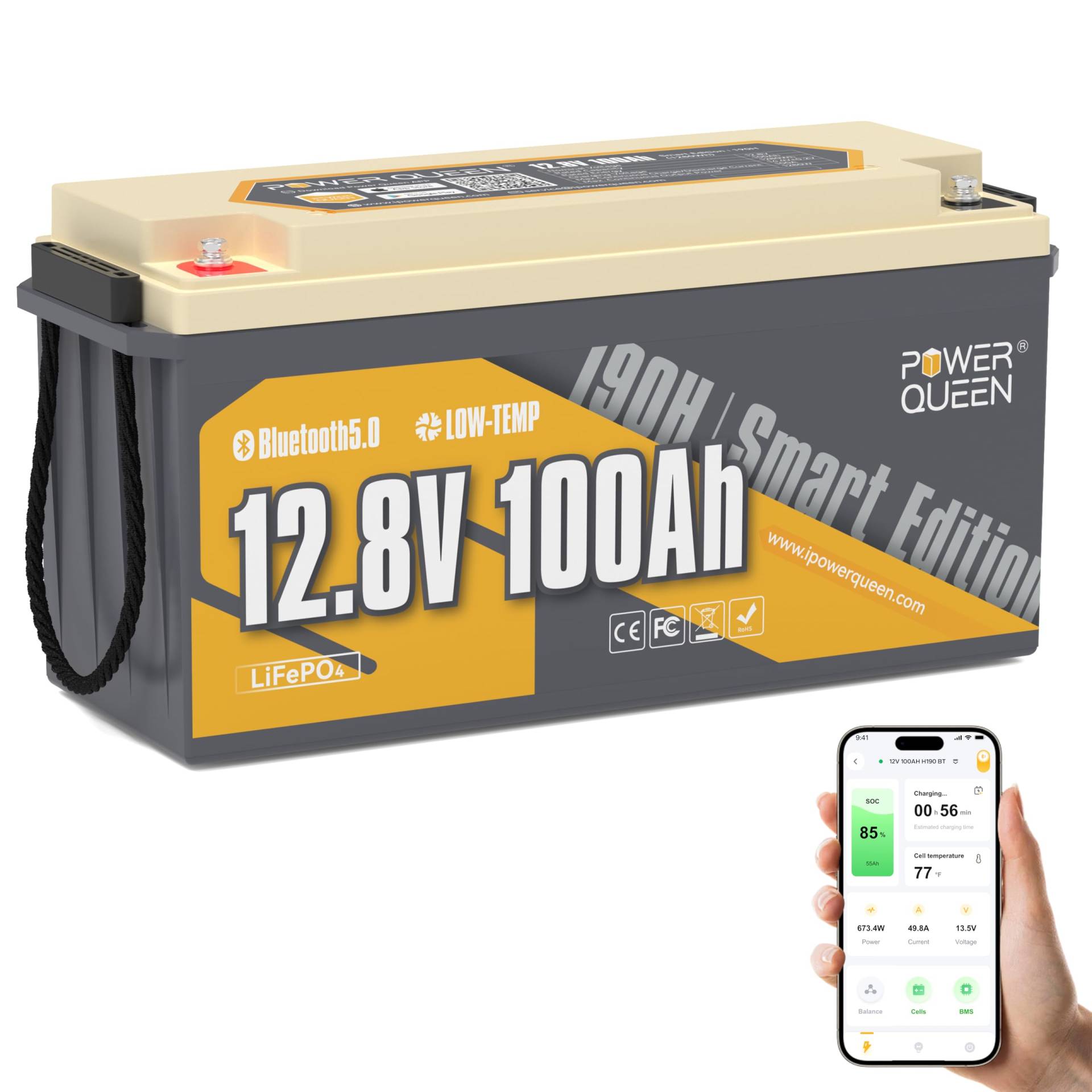 Power Queen 12.8V 100Ah Bluetooth H188cm LiFePO4 Batterie, 4000-15000 Deep Cycles Lithium Batterie mit 100A BMS, Low-Temp Protection, Perfekt für Wohnmobil, Camping, Caravan, Trolling Motor von power queen