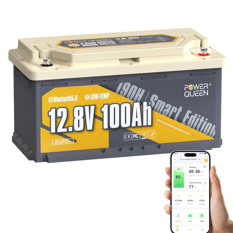 Power Queen 12.8V 100Ah Bluetooth H188mm LiFePO4 Batterie, 4000-15000 Deep Cycles Lithium Batterie mit 100A BMS, Low-Temp Protection, Perfekt für Wohnmobil, Camping, Caravan, Trolling Motor von power queen