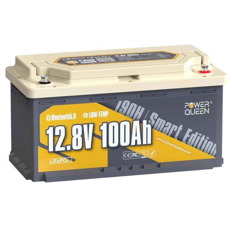 Power Queen 12.8V 100Ah Bluetooth H188mm LiFePO4 Batterie, 4000-15000 Deep Cycles Lithium Batterie mit 100A BMS, Low-Temp Protection, Perfekt für Wohnmobil, Camping, Caravan, Trolling Motor von power queen