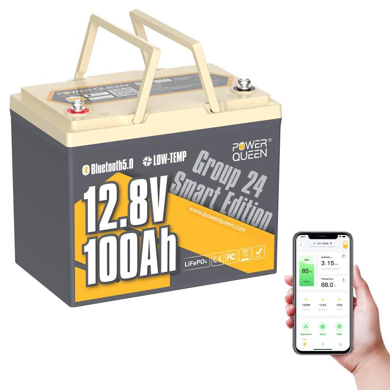 Power Queen 12.8V 100Ah Mini Size (US Group 24) Bluetooth LiFePO4 Batterie, Low-temp Protection Lithium Batterie, 100A BMS, Max.15000 Zyklen 10 Jahre Batterielebensdauer Ideal für Wohnmobil, Camping von power queen