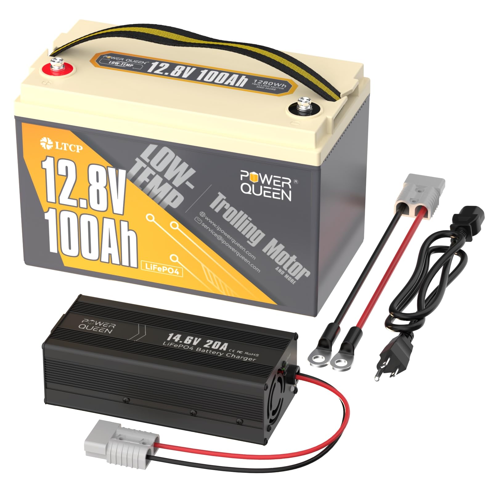 Power Queen 12.8V 100Ah LiFePO4 Batterie Niedrigtemperaturschutz Lithium Batterie mit 14.6V 20A LiFePO4 Batterieladegerät, ideal für Trolling Motor, Boot, Marine, Off-Grid System von power queen