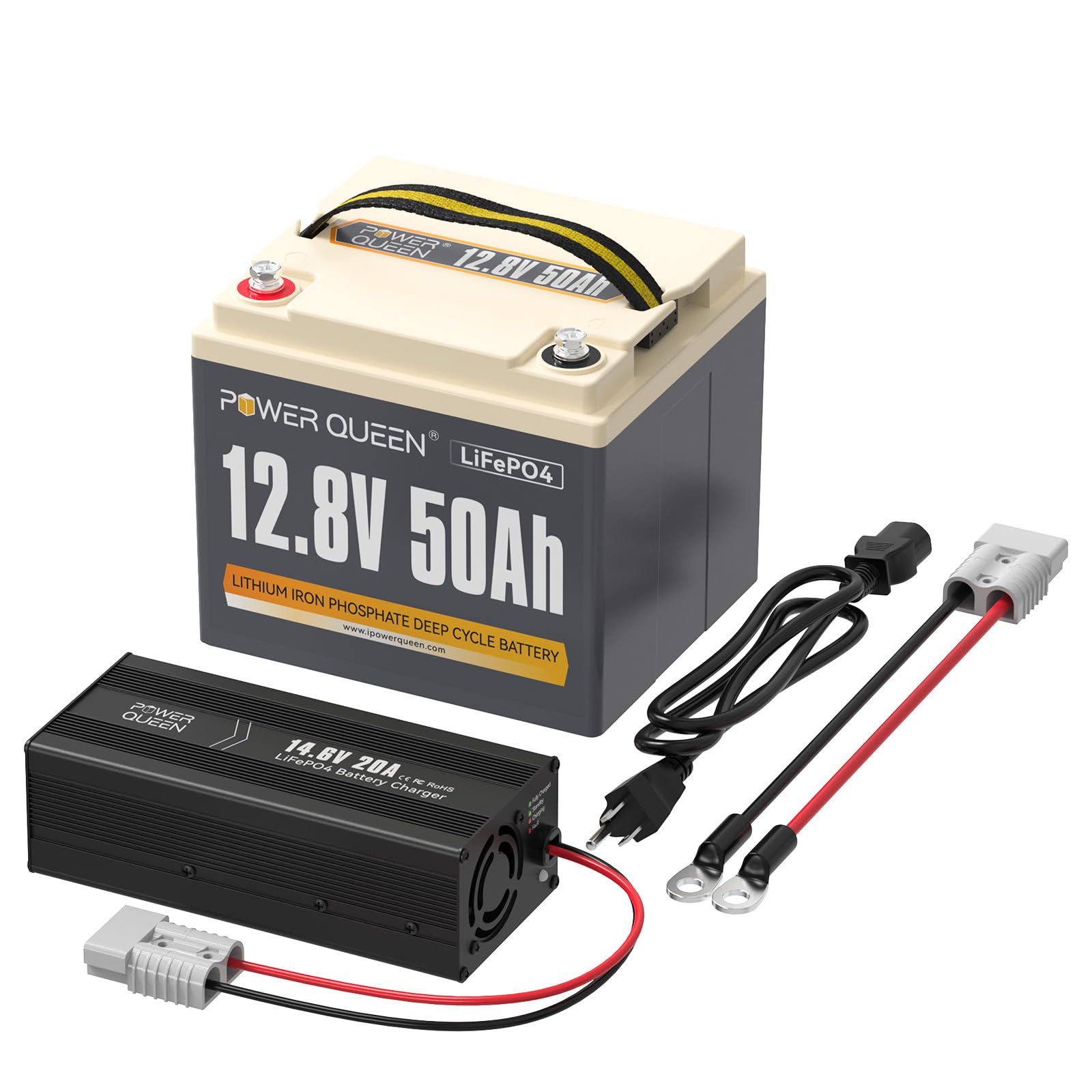 Power Queen 12.8V 50Ah LiFePO4 Batterie Lithium Batterie mit 14.6V 20A LiFePO4 Batterie Ladegerät konstant aufgeladen Ideales Paket für Camping Wohnmobil Solar Panel Autonomes System von power queen