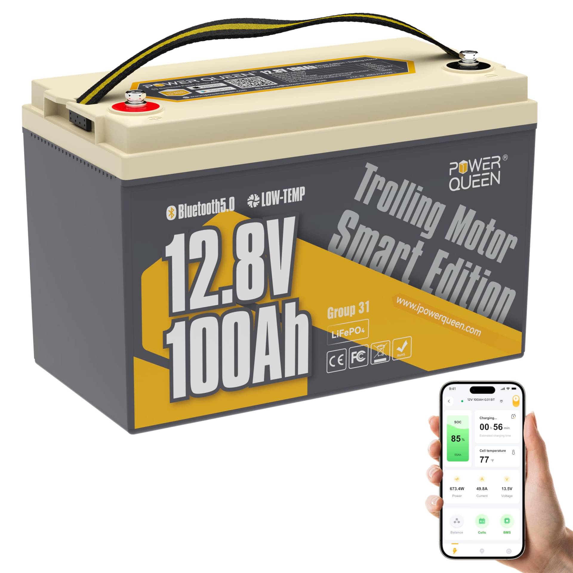 Power Queen 12V 100Ah TM Bluetooth niedrige Temperatur abgeschnitten LiFePO4 Batterie, 100A BMS Lithium Eisen Phosphat Batterie für Trolling Motoren, Marine, Boot, Fischfinder, Wohnwagen von power queen