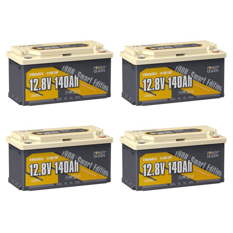 Power Queen 12V 140Ah LiFePO4 Batterie mit Bluetooth, 150A BMS, Max.1920W Leistung, Niedrigtemperaturschutz Auto Batterie mit 189mm Höhe für Camping, Wohnmobil, Boot, Off-Grid 4-Pack von power queen