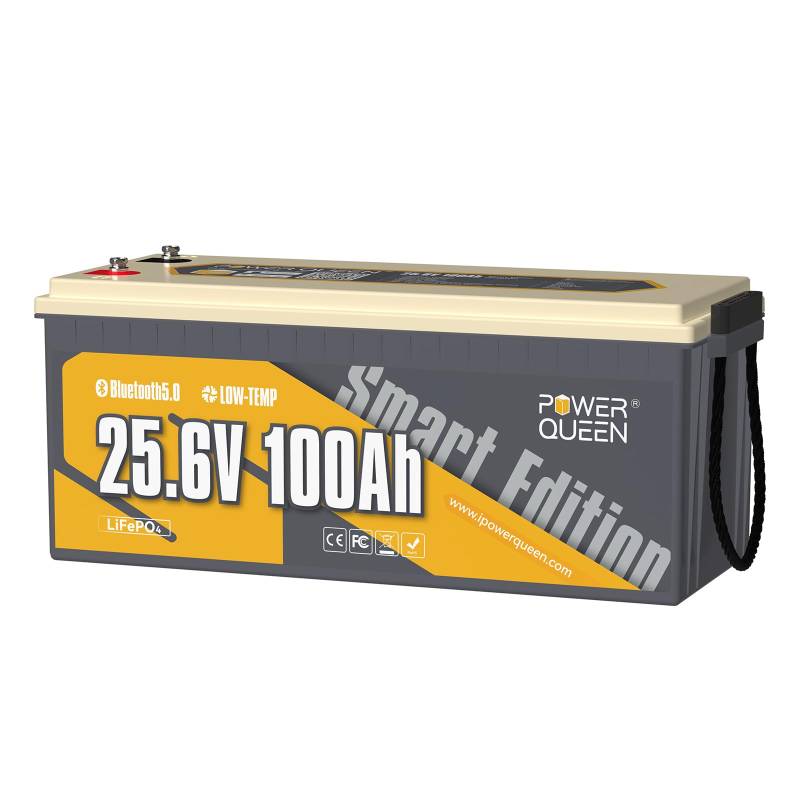 Power Queen 24V 100Ah Bluetooth LiFePO4 Batterie, 15000 Max. Zyklen, 10 Jahre Lebensdauer Lithium-Batterie mit Schutz vor niedrigen Temperaturen, perfekt für Trolling-Motor, Marine, Home Storage von power queen