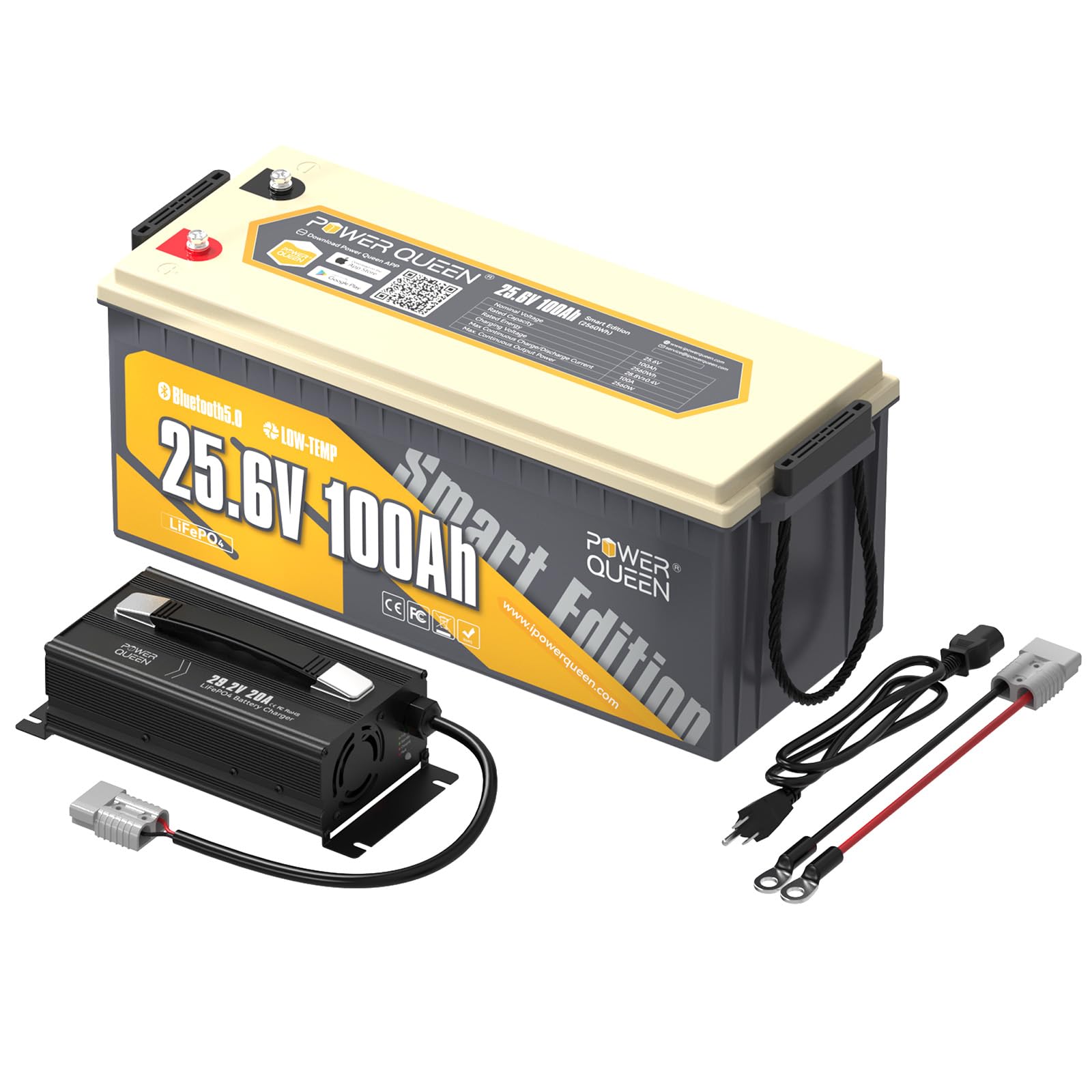 Power Queen 25.6V 100Ah Bluetooth Deep Cycle Lithium Iron Phosphate Batterie mit 29.2V 40Amp Dedicate LiFePO4 Battery Charger Pack, Ideales für Camping Wohnmobil Autonomes System Off Grid System von power queen