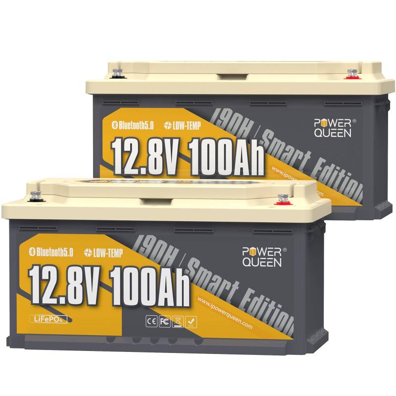 Power Queen LiFePO4 Batterie 12.8V100Ah mit Bluetooth RV190 2 Pack, über 4000 DeepCycle Zeiten, langlebige Batterie Perfekt für Wohnmobil, Wohnmobile, Trolling Motor und Camping von power queen