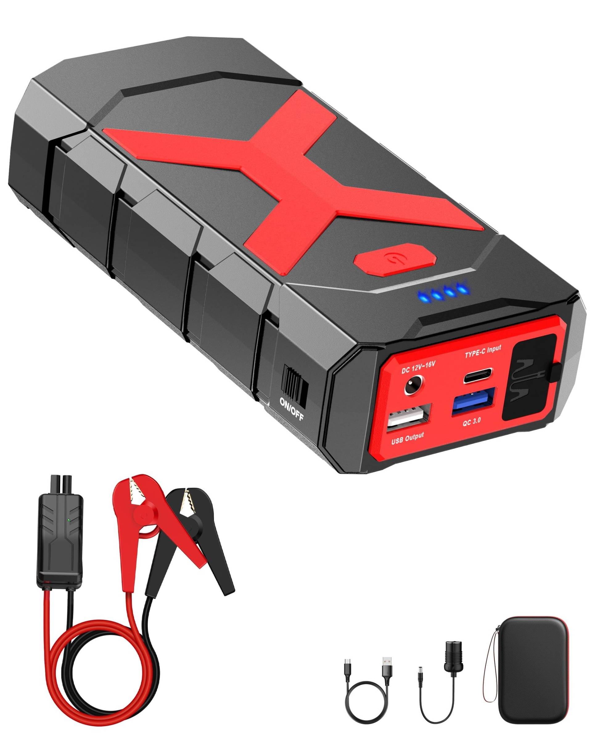 Powkey 2000A Starthilfe Powerbank für pkw, 12V Powerbank Auto Starthilfe, Auto Booster Power Pack für 8.0L Benzin und 6.0L Diesel mit Starthilfekabel/USB-Kabel 3.0 Ports und LED (Rot) von powkey