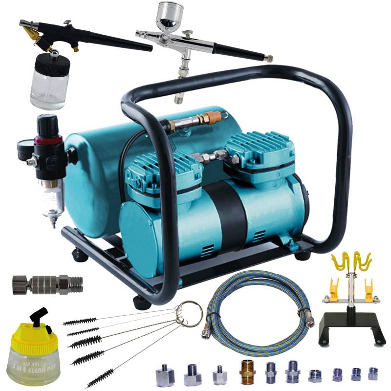 AIRBRUSH-SET DUO-Power Efficient = DAS KOMPLETT-SET mit Airbrush Kompressor, 2 hochwertigen PISTOLEN, HALTER, Kompressor-TANK, 2*SCHNELLKUPPLUNGEN CLEANING POT, Schlauch, Reinigungsbürsten von AMUR