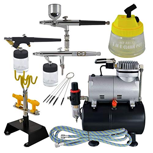 Airbrush-Set Universal II Komplett-Set mit Airbrush Kompressor 3 hochwertigen Pistolen, Halter, Kompressor-3L Tank, Schnellkupplungen, Cleaning Pot, Schlauch und Reinigungsbürsten und Kleinzubehör von AMUR