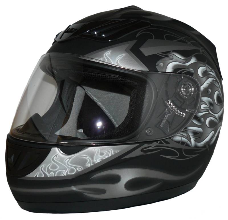 Protectwear H-510-GR-M Motorradhelm, Integralhelm mit Flammendesign in Schwarz-Silber-Weiß-Matt, Größe M von protectWEAR