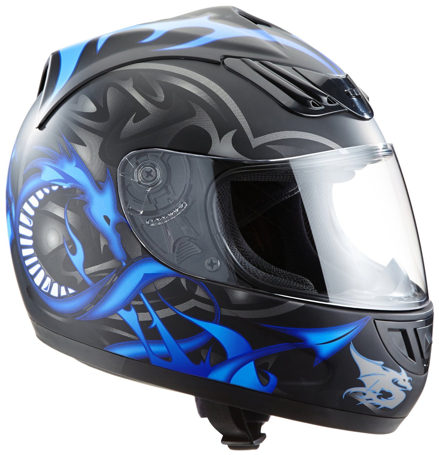 Protectwear H510-11BL-L Motorradhelm, Integralhelm mit Drachendesign, Größe L, Schwarz/Silber/Blau von protectWEAR