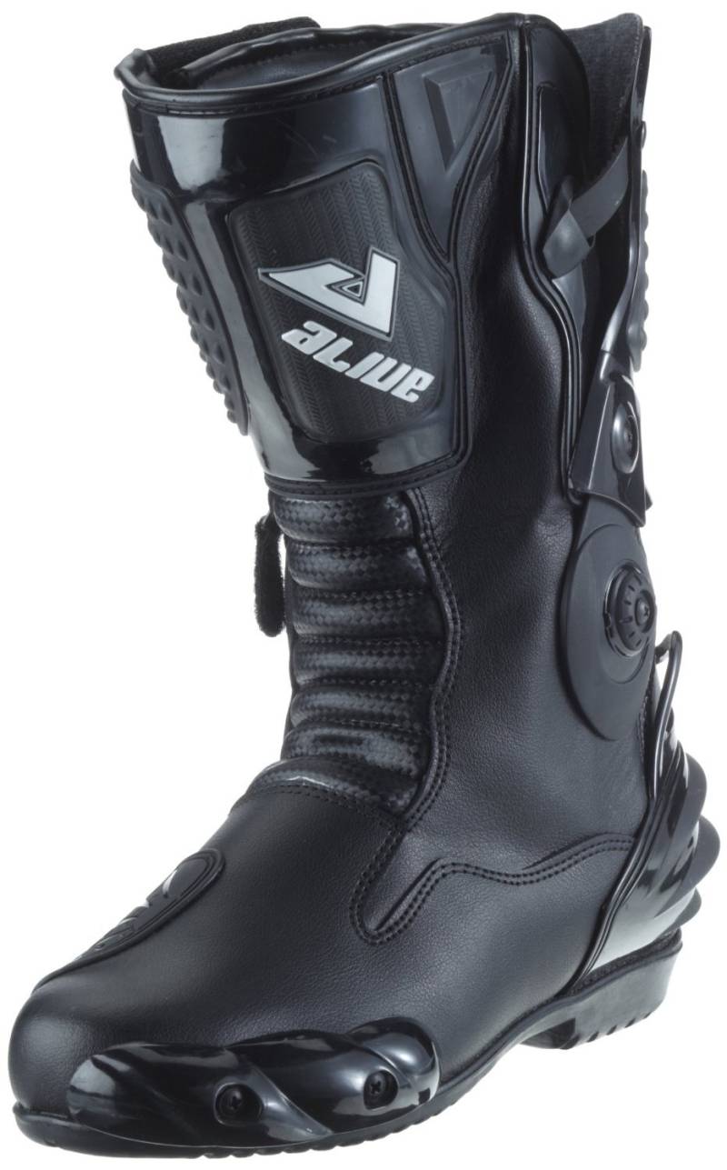 Protectwear TS-006-47 Motorradstiefel Racing aliue, Wasserabweisend aus schwarzem Leder mit aufgesetzten Hartschalenprotektoren, Größe 47, Schwarz von protectWEAR