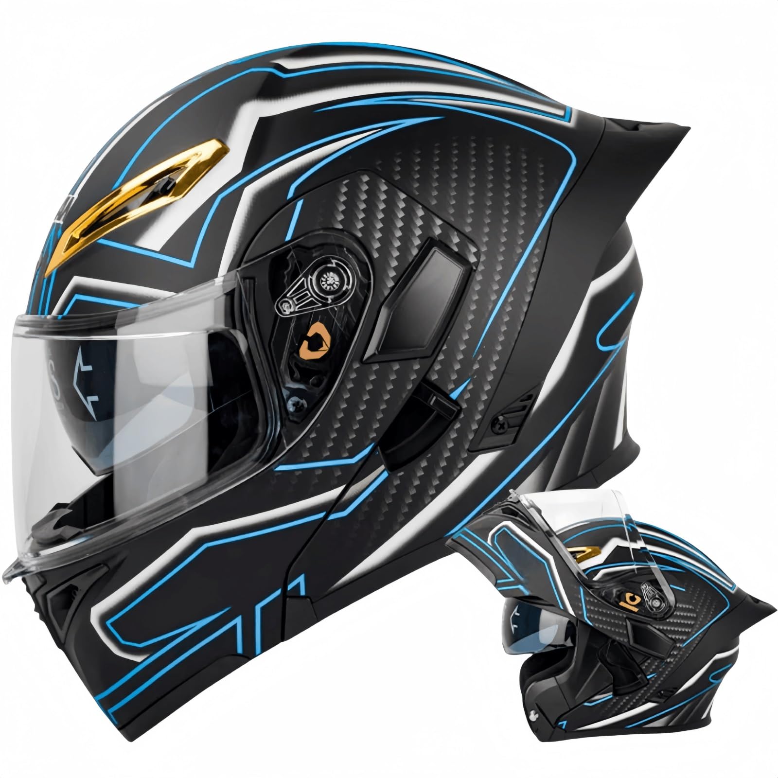 Bluetooth-Motorradhelm, Klapphelm, modularer Helm für Erwachsene, Damen und Herren mit doppelschichtigem Visier, Lautsprechermikrofon, Geräuschreduzierung, multifunktionales Bluetooth(C,XL59-60cm) von pykaaiiu