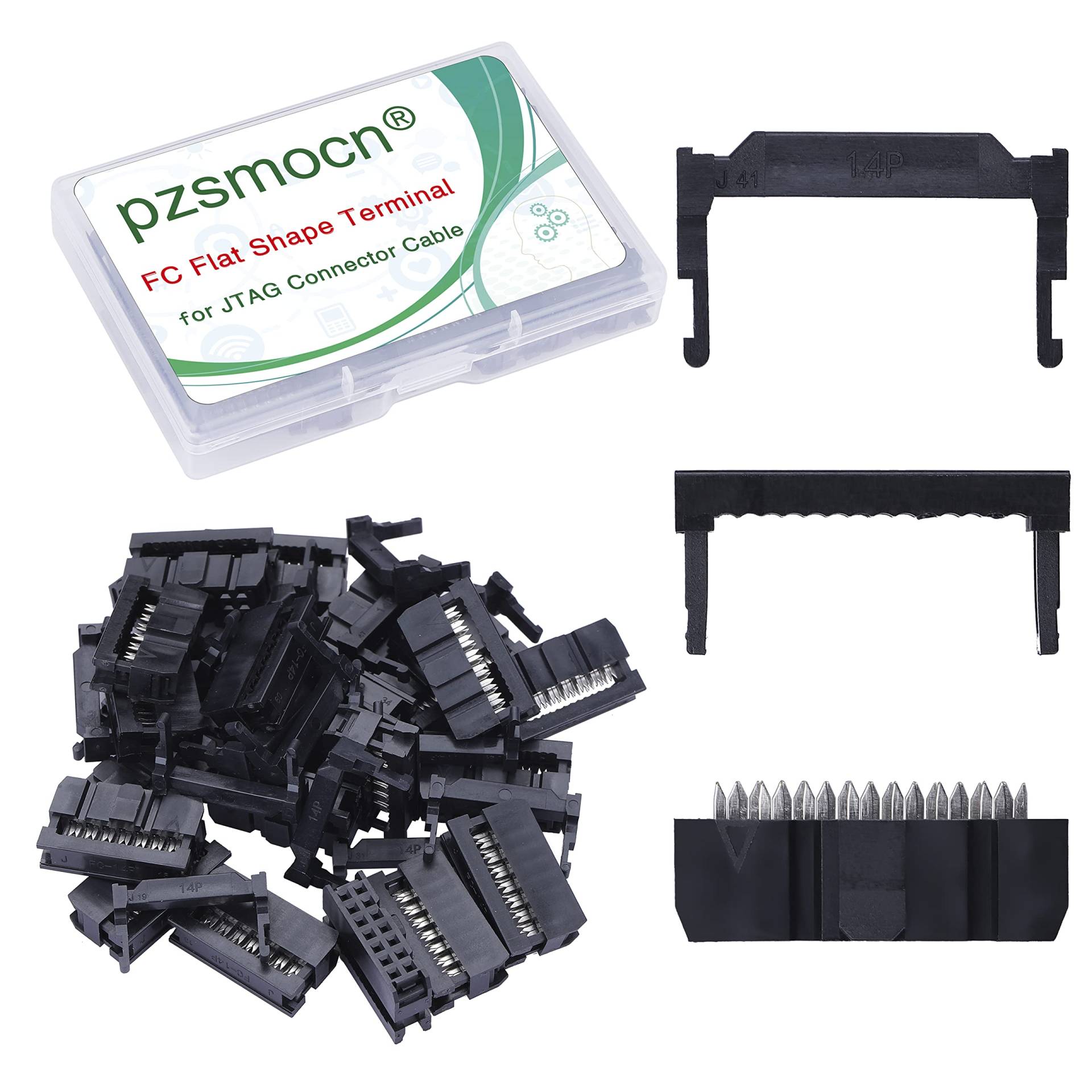 Pzsmocn 20 Sätze IDC 2*7 Zweireihig 14 Poliger Rechteckiger Buchsensteckverbinder FC Flache Weibliches Terminal 3 Teiliges Set 2,54 mm, 14 Poliger FC Adapter Flache Terminal für JTAG-Anschlusskabel. von pzsmocn