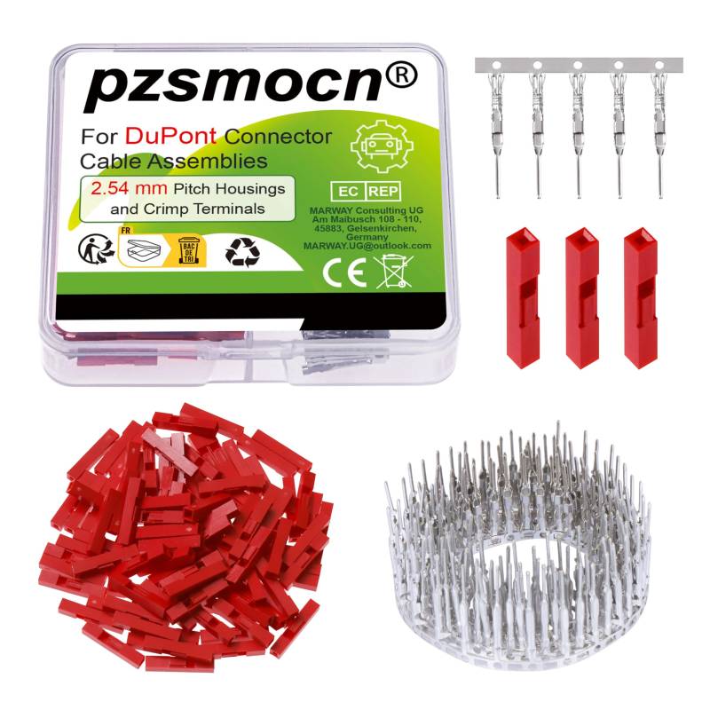 pzsmocn 100 Sets/200 Stück für Dupont 2,54 mm Pitch 1 Pin Adapterstecker Weibliches Gehäuse Rot Steckdose Klemmen Kompatibles Kabel 30–26 AWG Zubehör, Header-Crimp-Pin-Kit von pzsmocn