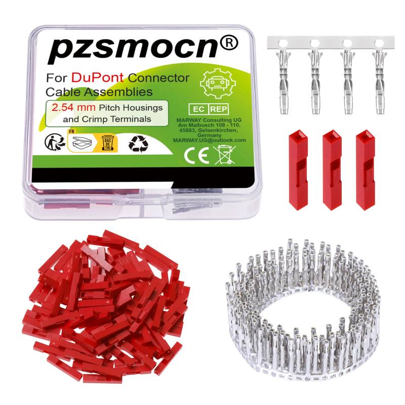 pzsmocn 100 Sets/200 Stück für Dupont 2,54 mm Pitch 1 Pin Adapterstecker Weibliches Gehäuse Rot Steckdose Klemmen Kompatibles Kabel 30–26 AWG Zubehör, Header-Crimp-Pin-Kit von pzsmocn