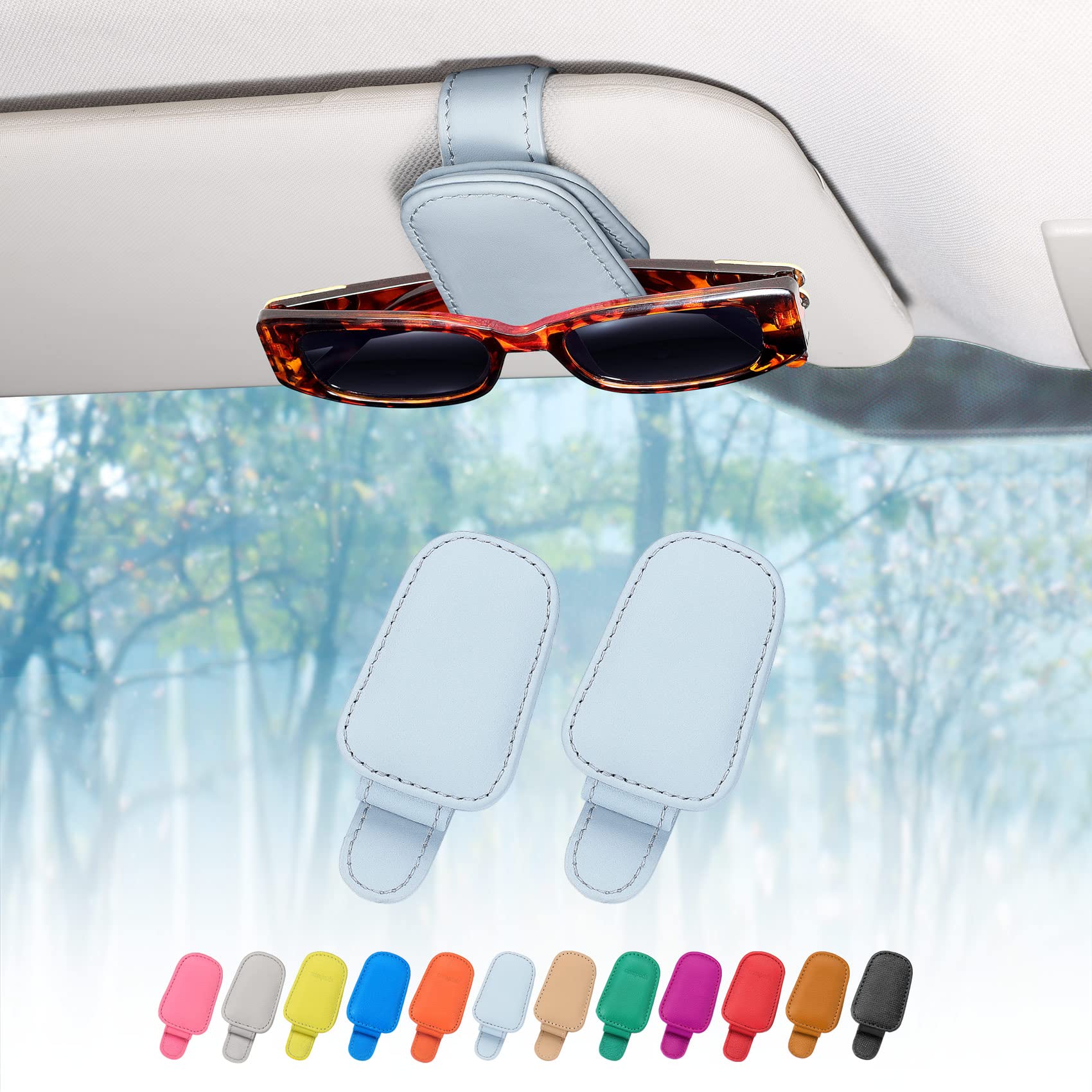 quipuda 2 Pack Brillenhalter für Auto Sonnenblende,Echt Leder Auto Visier Zubehör Sonnenbrillen Halterung Magnetische Sonnenbrillenhalter Ticket Clip (Hellblau) von quipuda