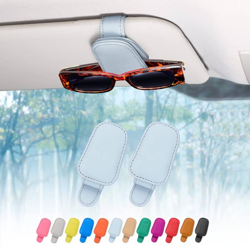 quipuda 2 Pack Brillenhalter für Auto Sonnenblende,Echt Leder Auto Visier Zubehör Sonnenbrillen Halterung Magnetische Sonnenbrillenhalter Ticket Clip (Hellblau) von quipuda