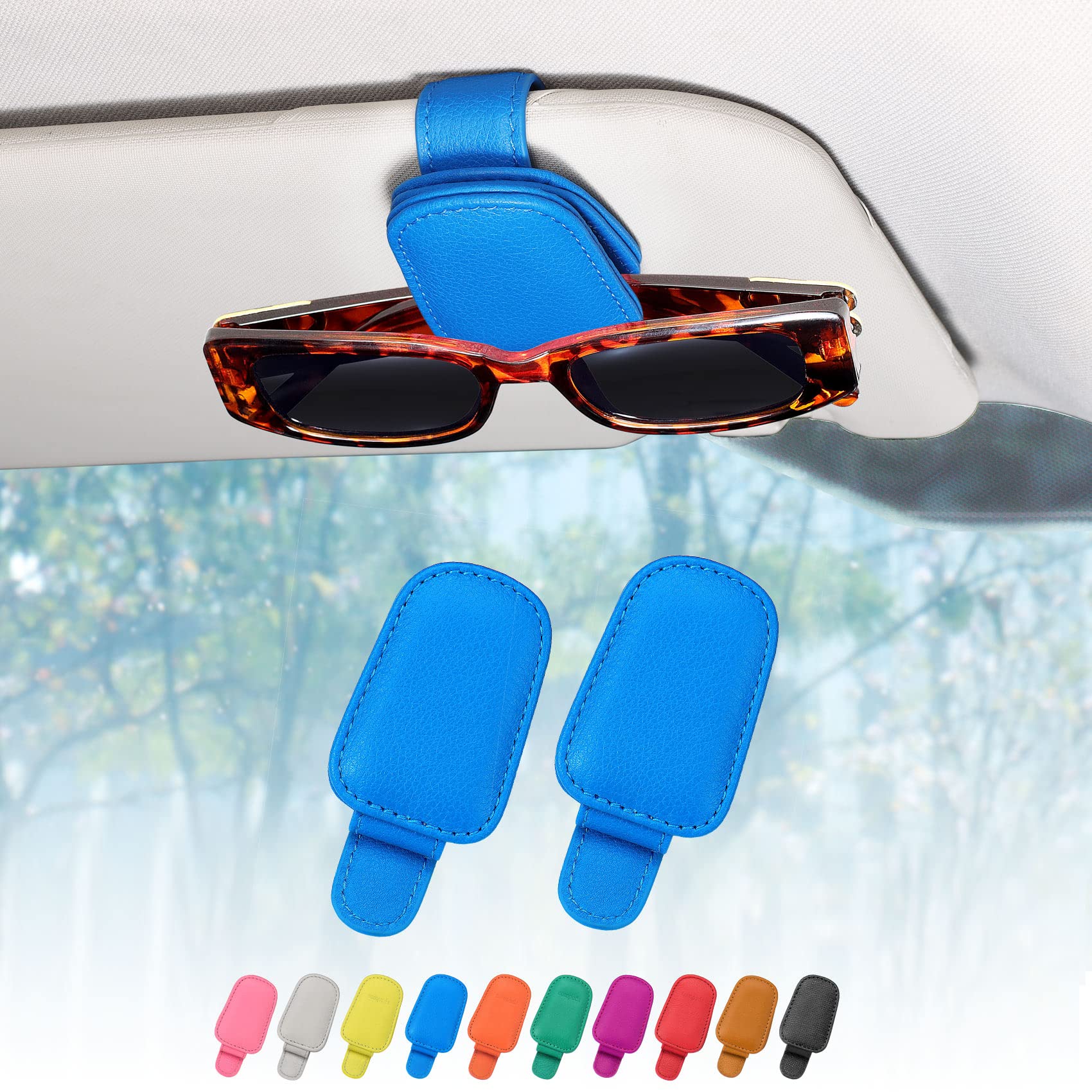 quipuda 2 Pack Brillenhalter für Auto Sonnenblende,Echt Leder Auto Visier Zubehör Sonnenbrillen Halterung Magnetische Sonnenbrillenhalter Ticket Clip（Blau） von quipuda