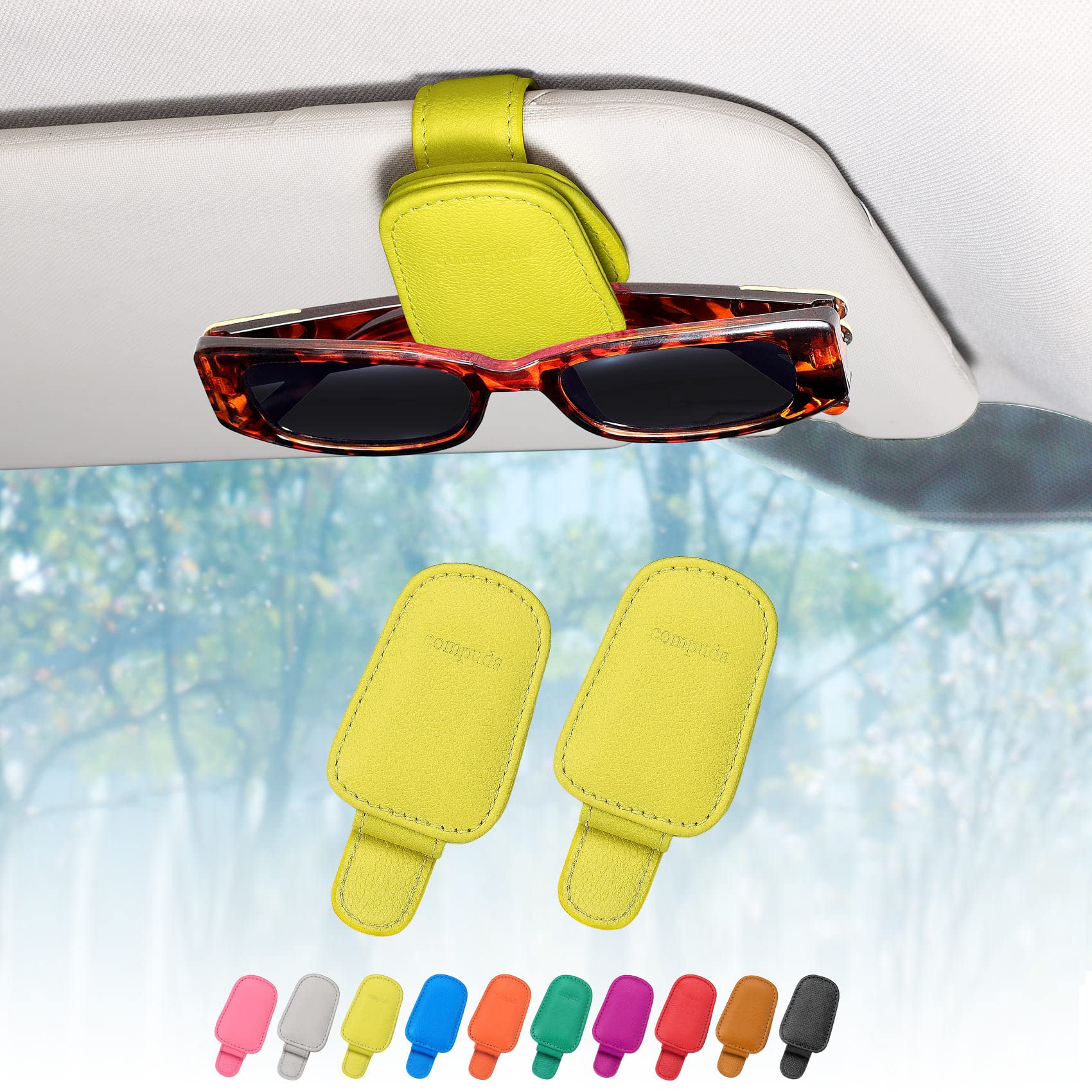 quipuda 2 Pack Brillenhalter für Auto Sonnenblende,Echt Leder Auto Visier Zubehör Sonnenbrillen Halterung Magnetische Sonnenbrillenhalter Ticket Clip（Gelb） von quipuda