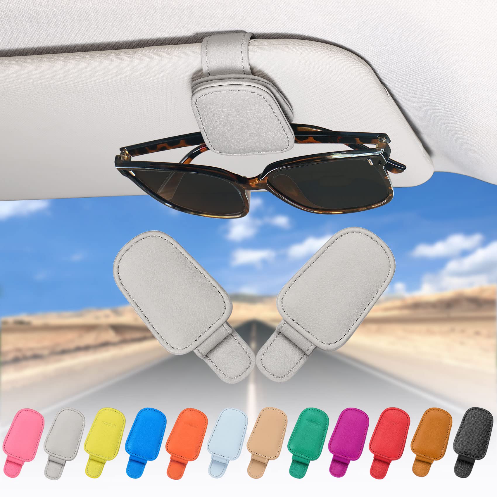 quipuda 2 Pack Brillenhalter für Auto Sonnenblende,Echt Leder Auto Visier Zubehör Sonnenbrillen Halterung Magnetische Sonnenbrillenhalter Ticket Clip（Grau） von quipuda